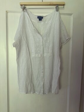Laura Scott White Button-Front Embroidered Cotton Blouse
